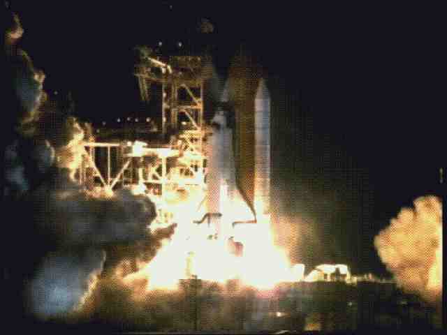 Liftoff! As STS-63 rises from the launch pad...